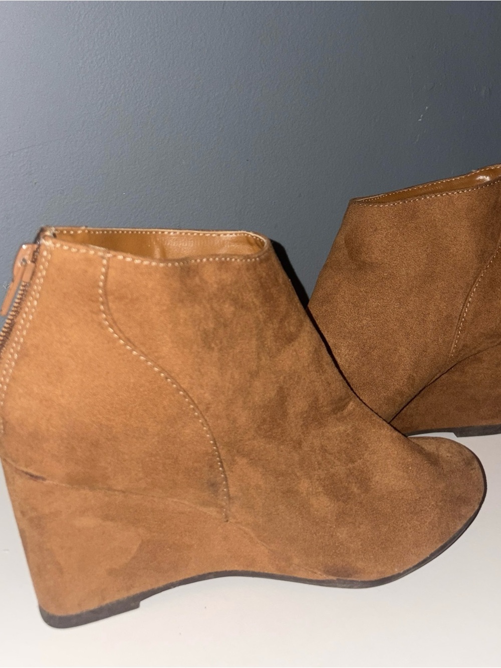 Women's Tan Suede Wedge Ankle Booties